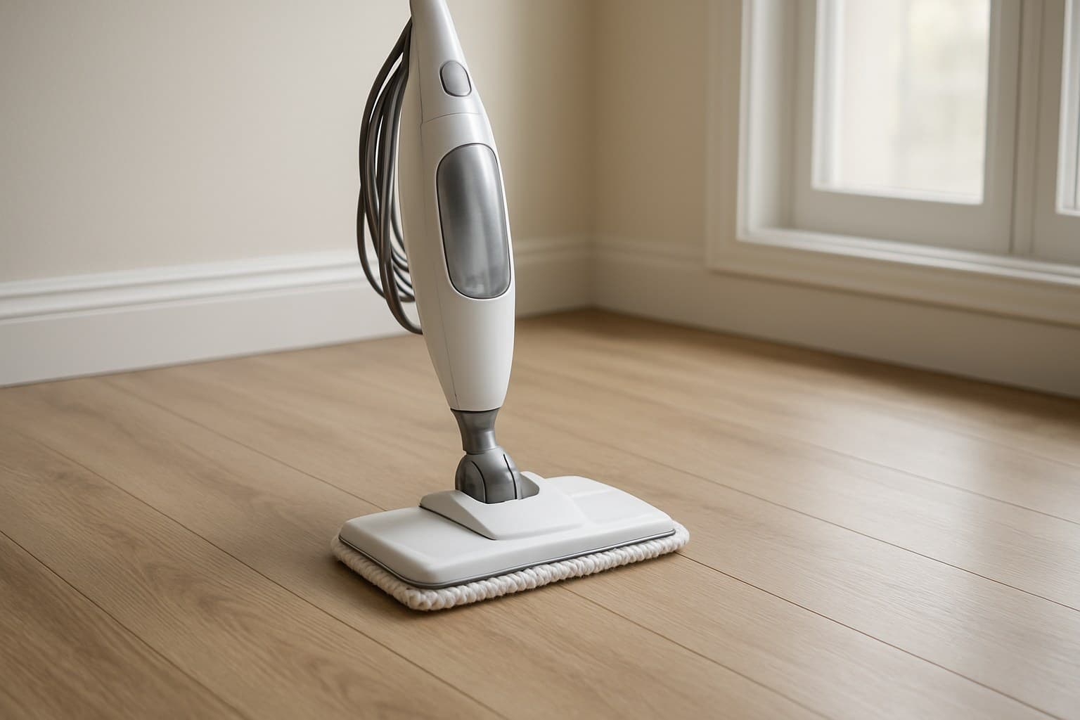 Steam mop sitting on a vinyl floor ready for cleaning