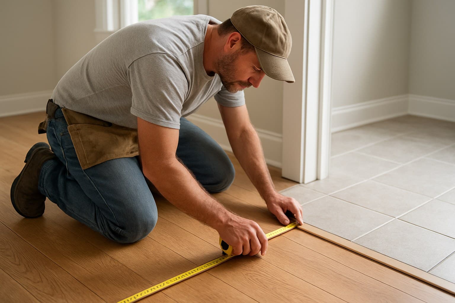 Contractor kneeling to measure a floor transition between rooms
