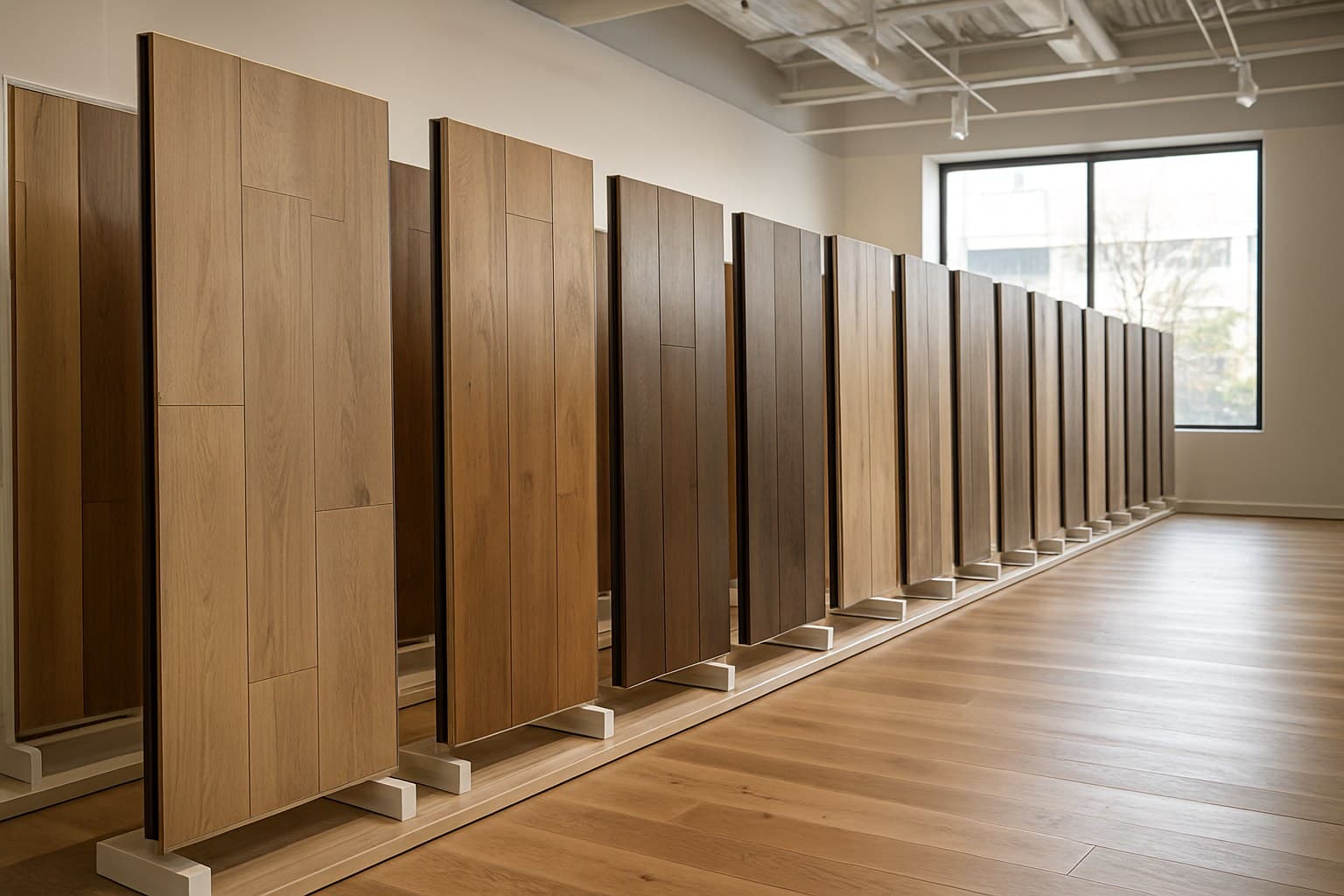 Rows of engineered hardwood flooring displays in a home improvement showroom