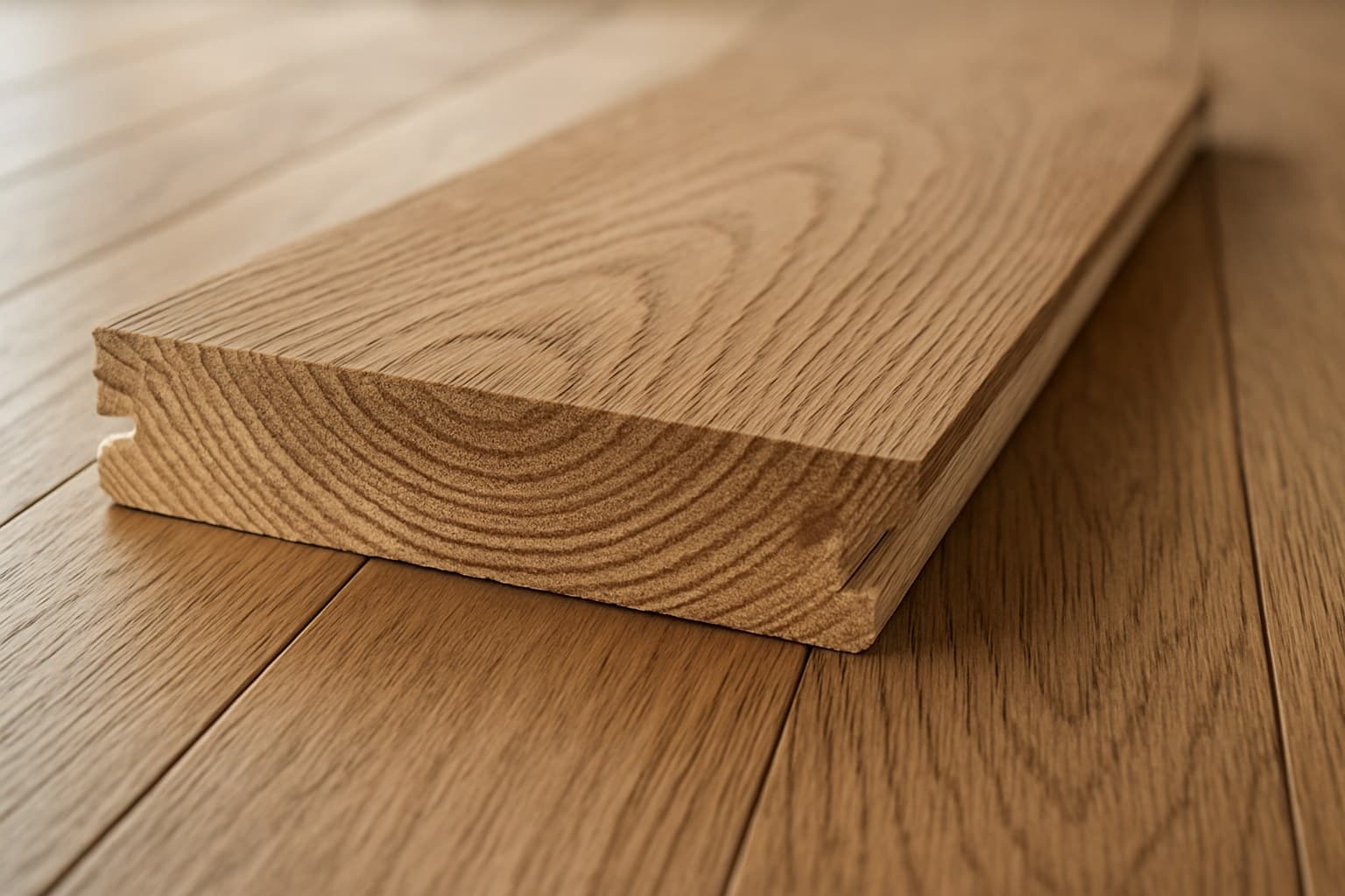 Cross-section of a wood plank showing solid grain used to define real wood flooring