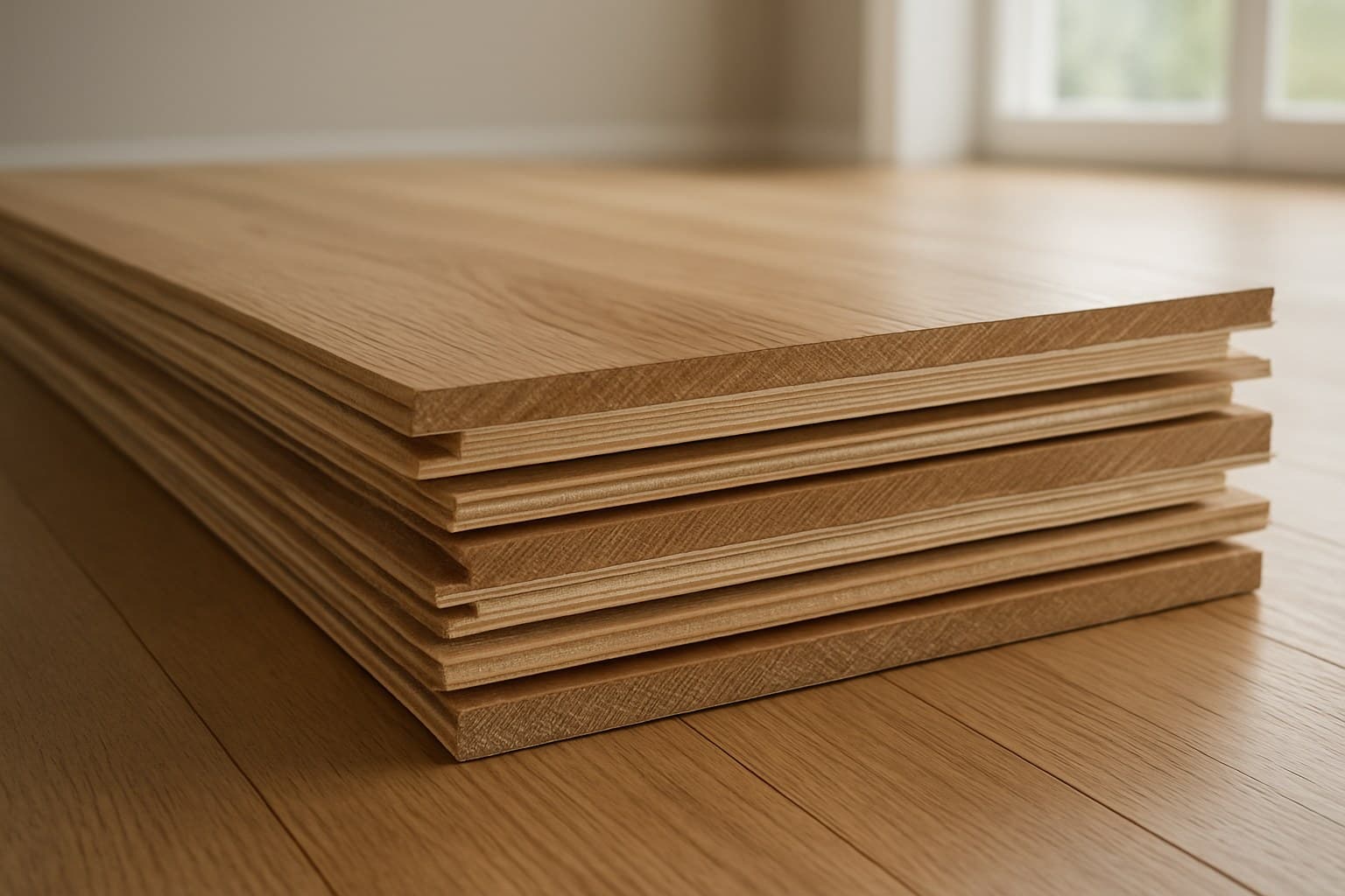 Cross-section of engineered wood flooring planks stacked for installation