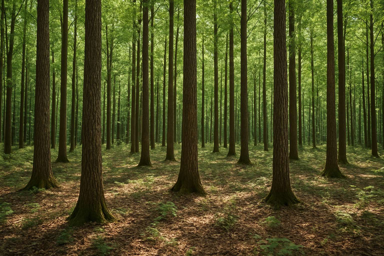 Sustainably managed forest with tall trees representing sourced hardwood timber