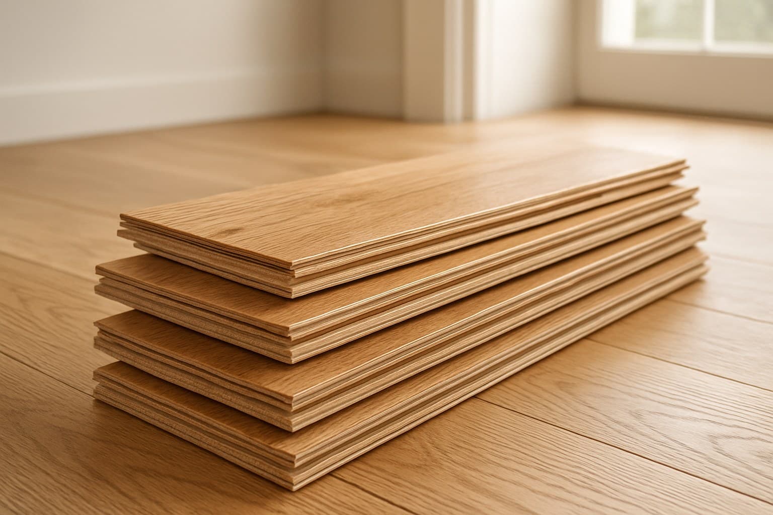 Stacked engineered hardwood planks showing layered construction for flooring installation