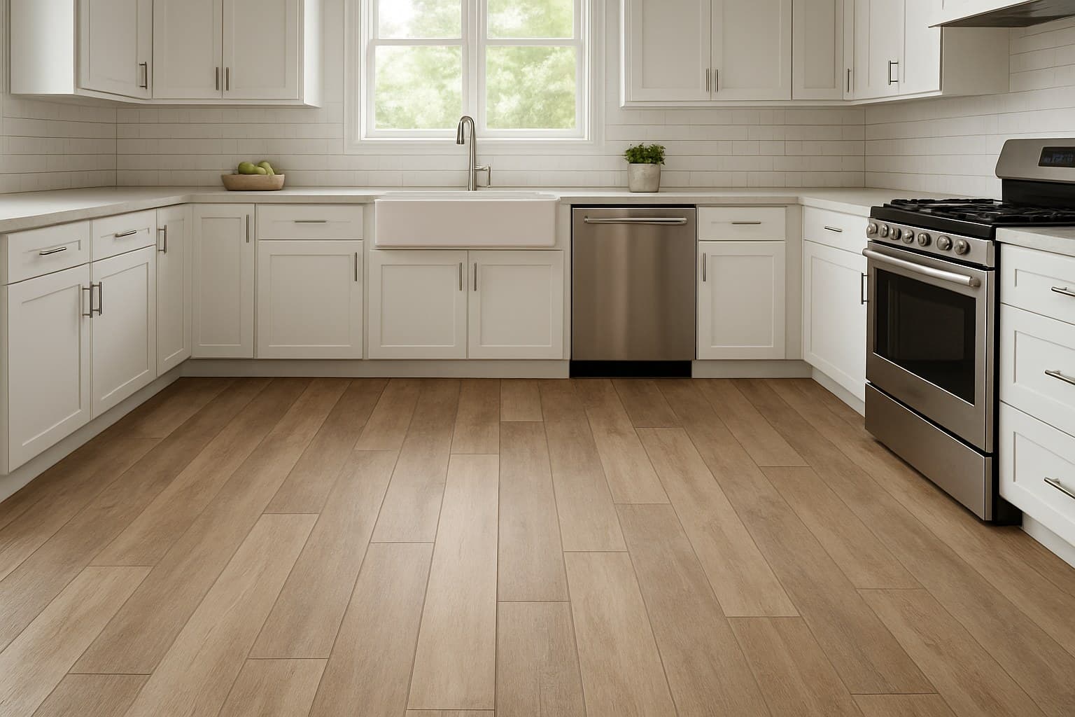 Kitchen interior with durable vinyl tile flooring suited for high-moisture rooms
