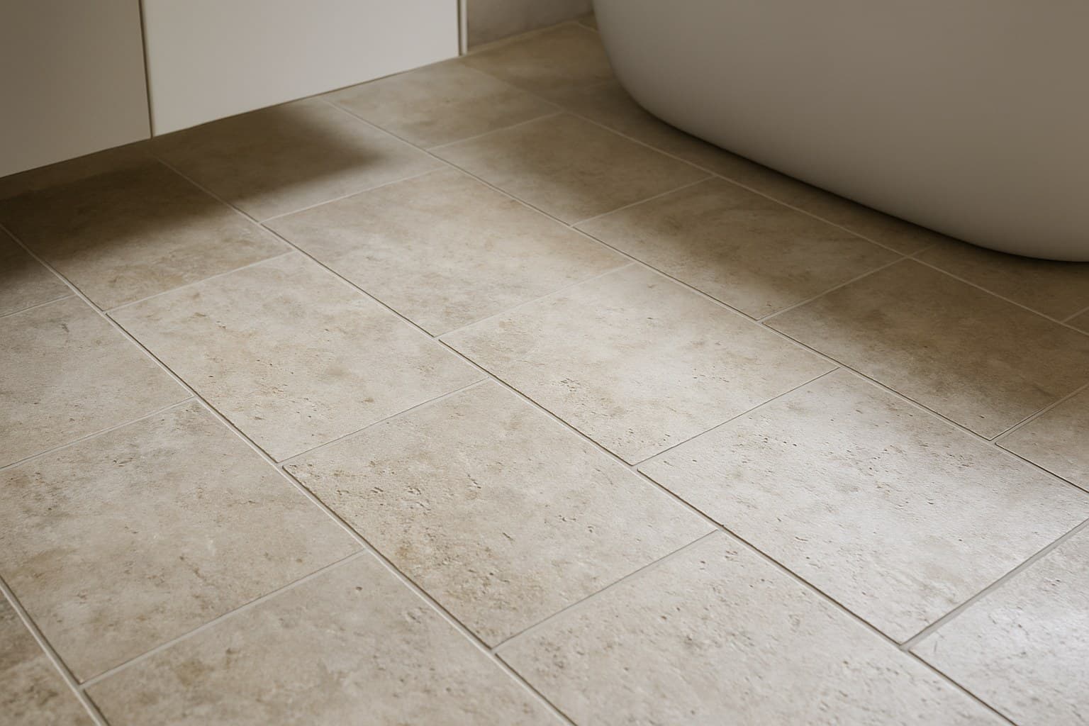 Close-up of stone bathroom tiles on a finished floor
