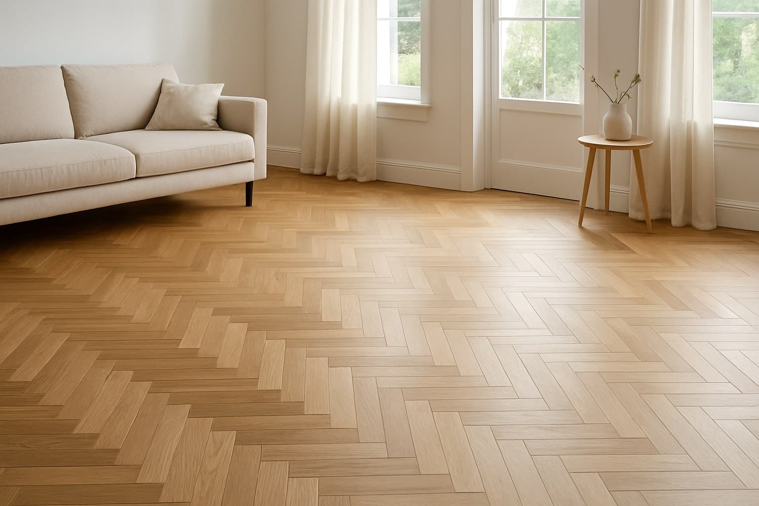 Herringbone pattern wooden floor installed in a bright living space
