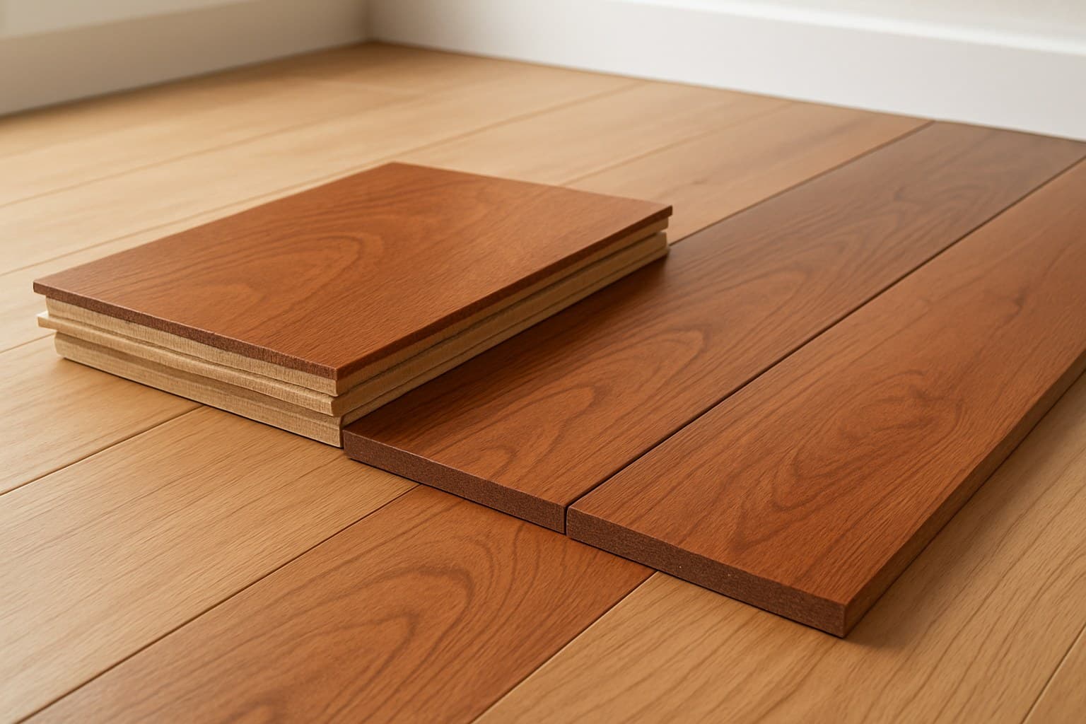 Cross-section of engineered wood flooring next to solid wide-plank boards