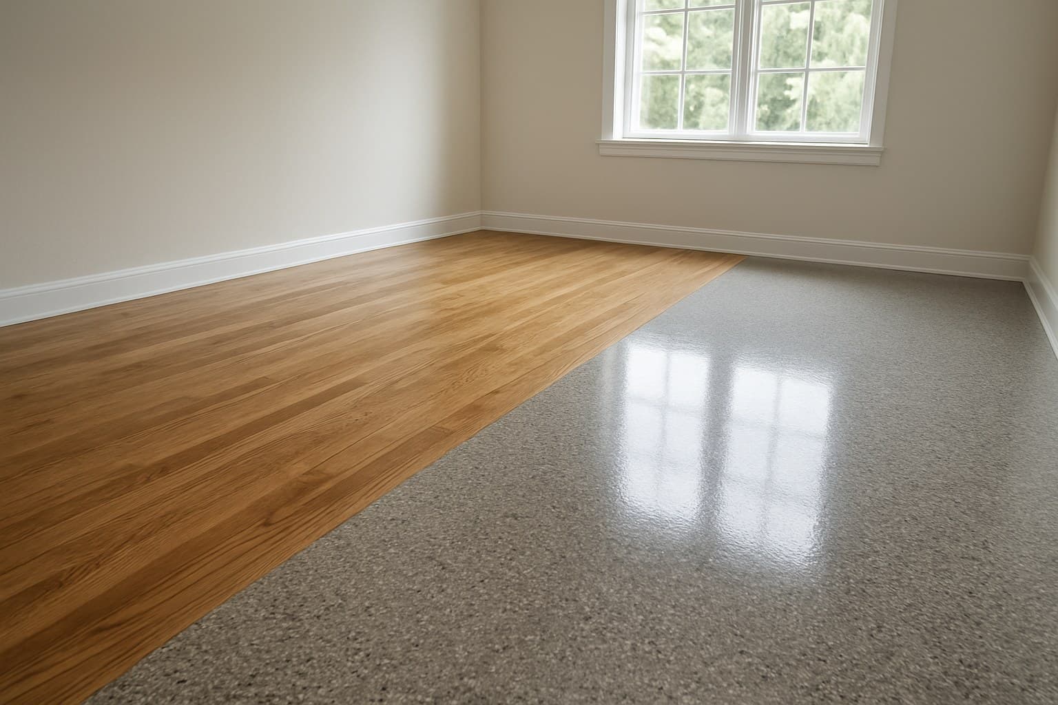 Polished hardwood floor shown as a comparison point for epoxy floor pricing