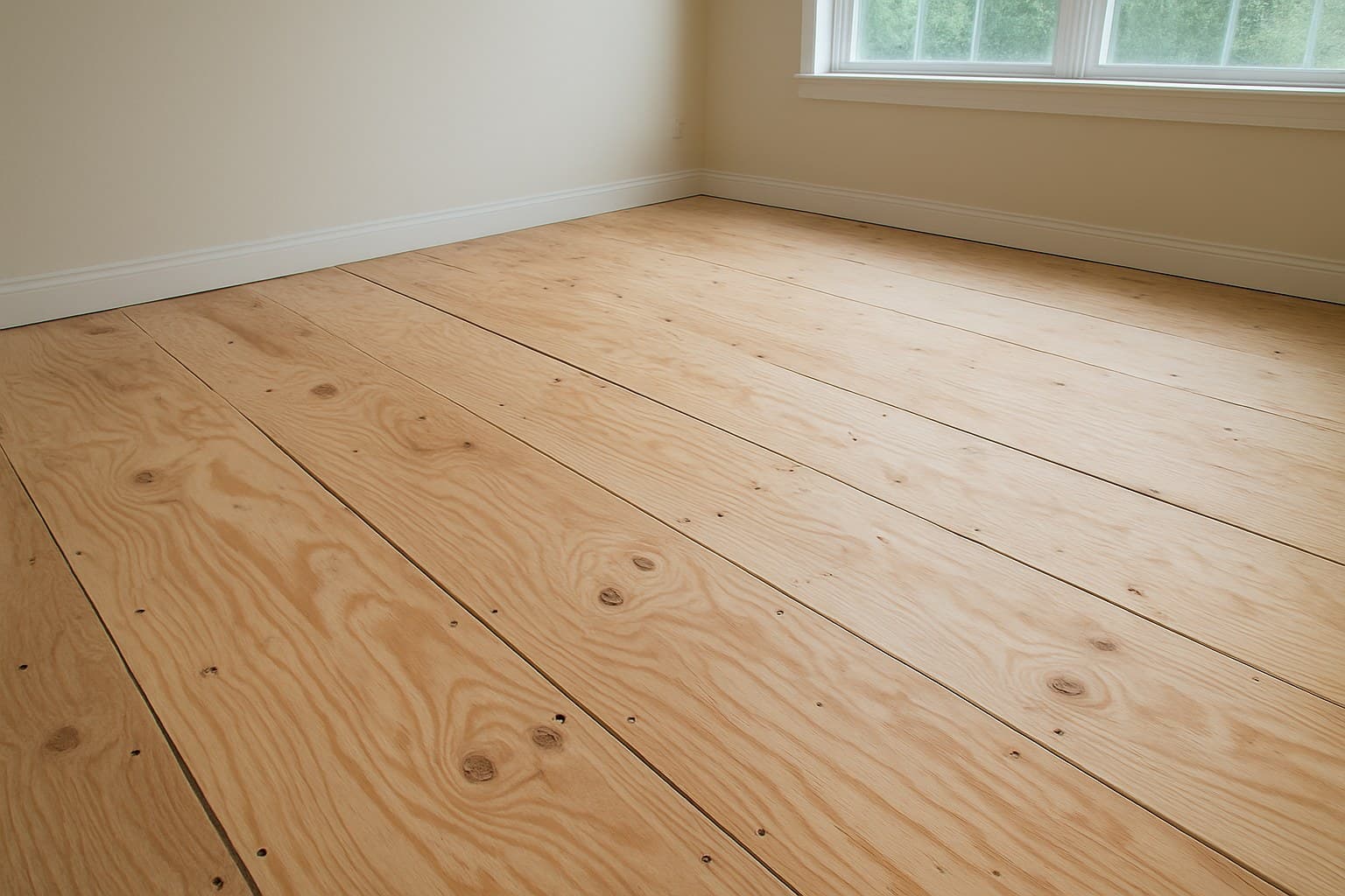 Bare plywood subfloor ready for flooring installation