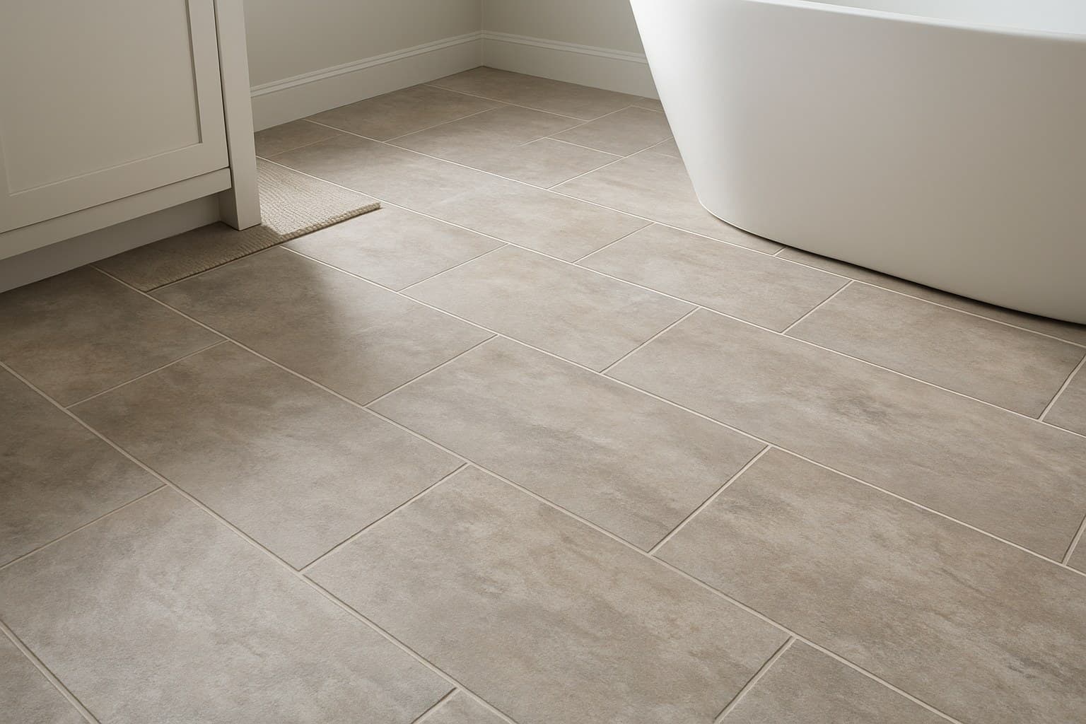 Stone-look porcelain tile installed on a bathroom floor