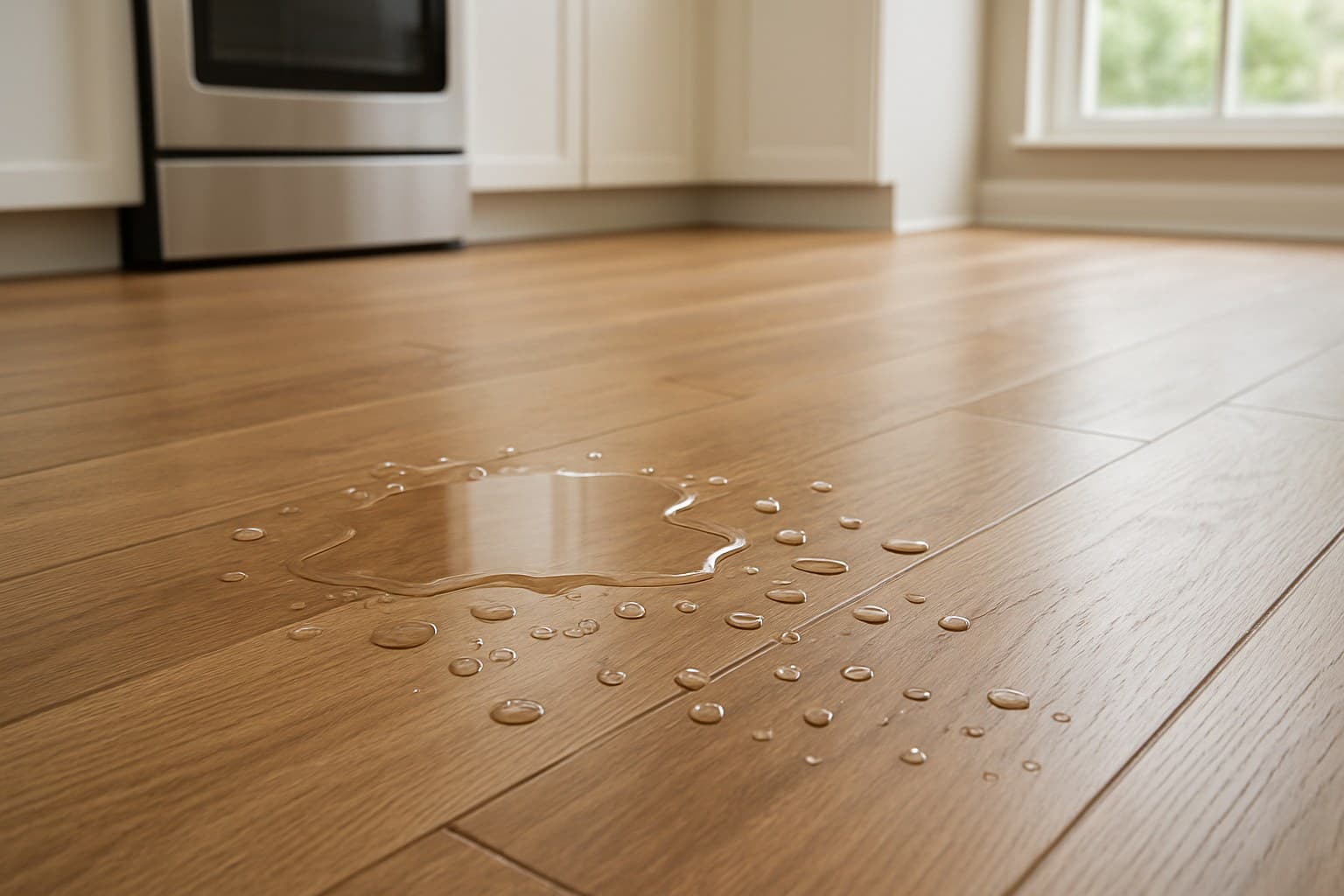 Water droplets pooling on a floor surface in a kitchen setting