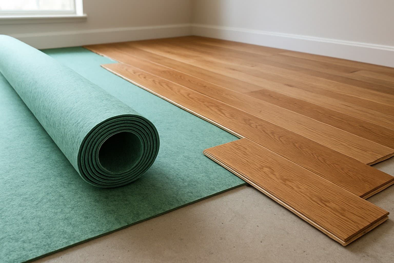 Underlayment being laid beneath engineered hardwood flooring on a subfloor