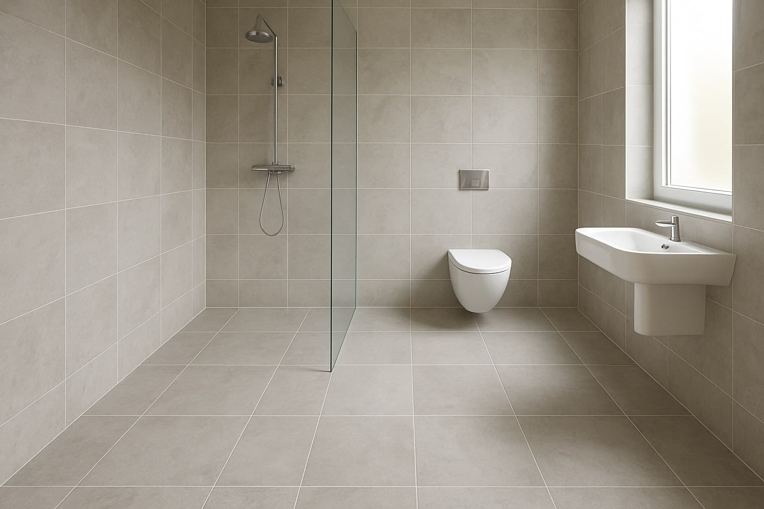 Porcelain tile floor in a fully tiled wet room bathroom
