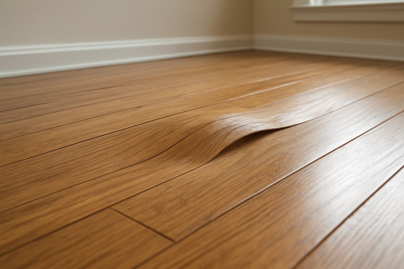 Warped, cupped wood flooring caused by moisture damage from an untested subfloor