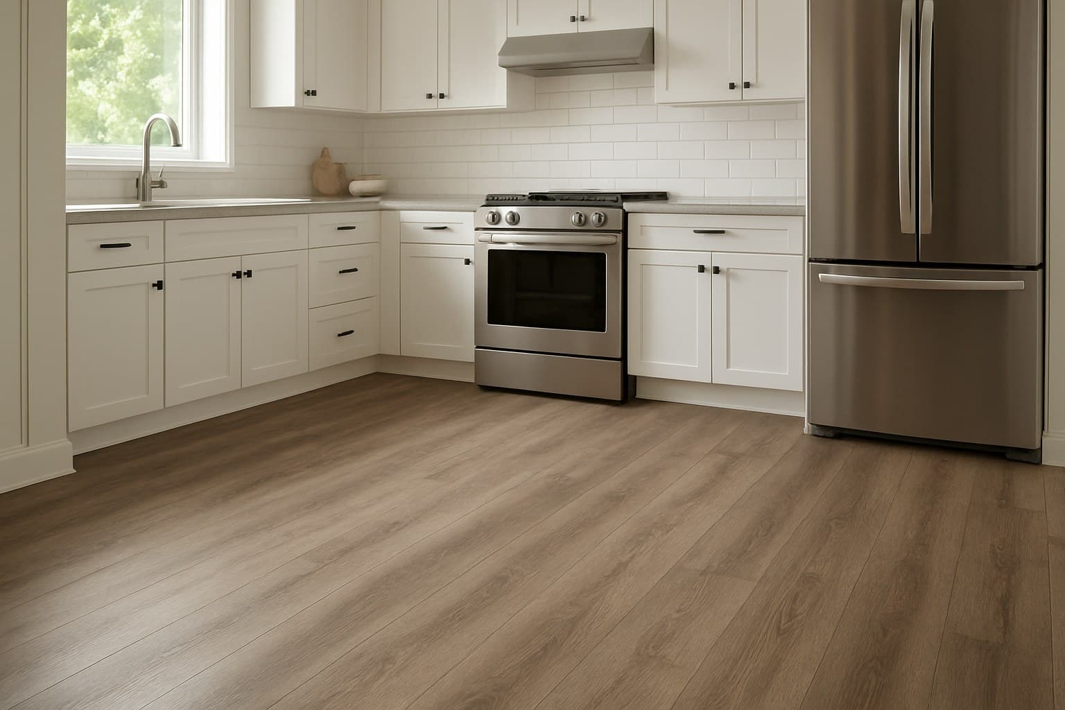 Waterproof vinyl plank flooring installed in a modern kitchen