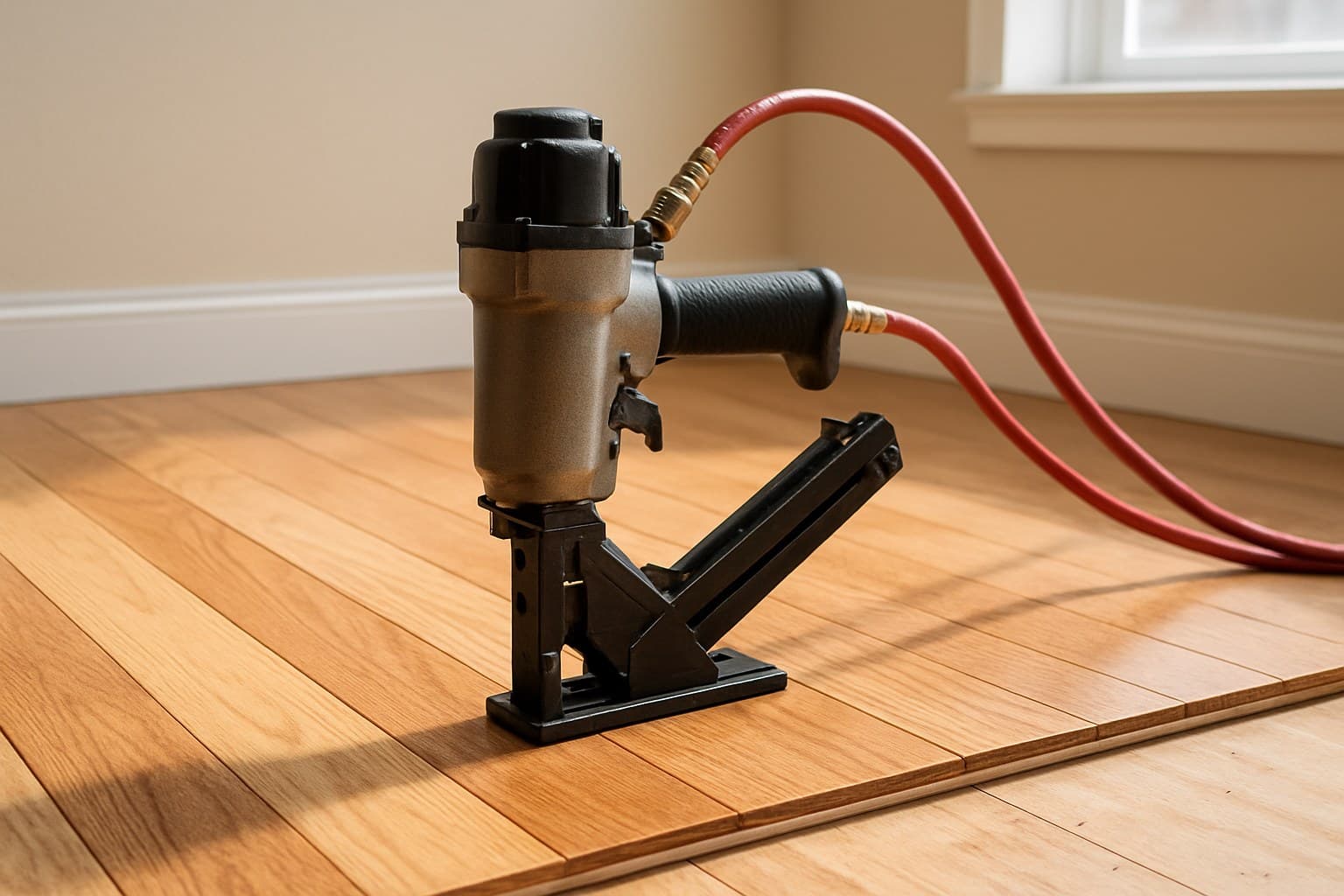 Pneumatic flooring nailer positioned on a hardwood board during nail-down installation