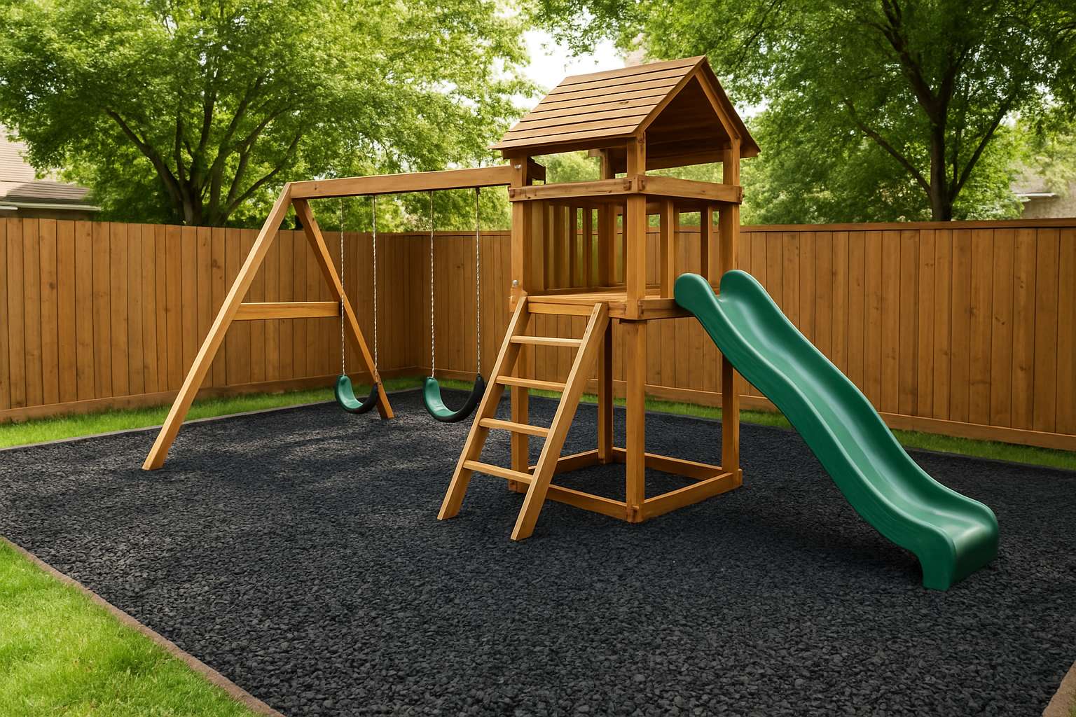Backyard play area covered with bonded rubber mulch surfacing