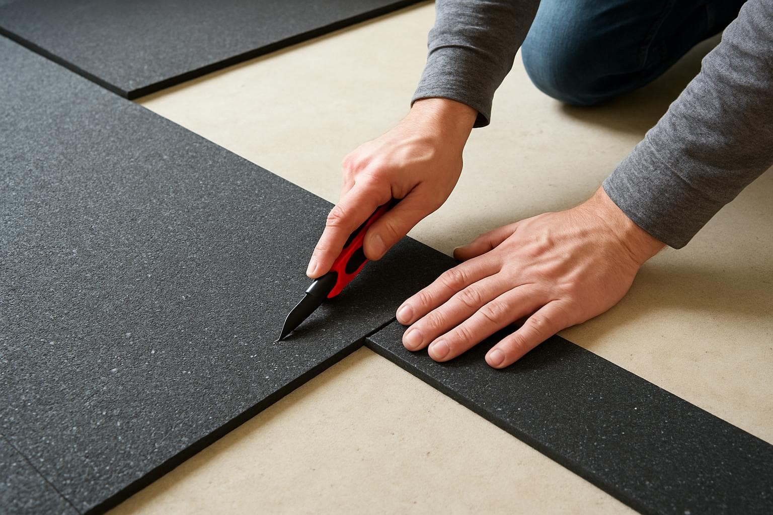 Person cutting a rubber floor tile during a DIY installation