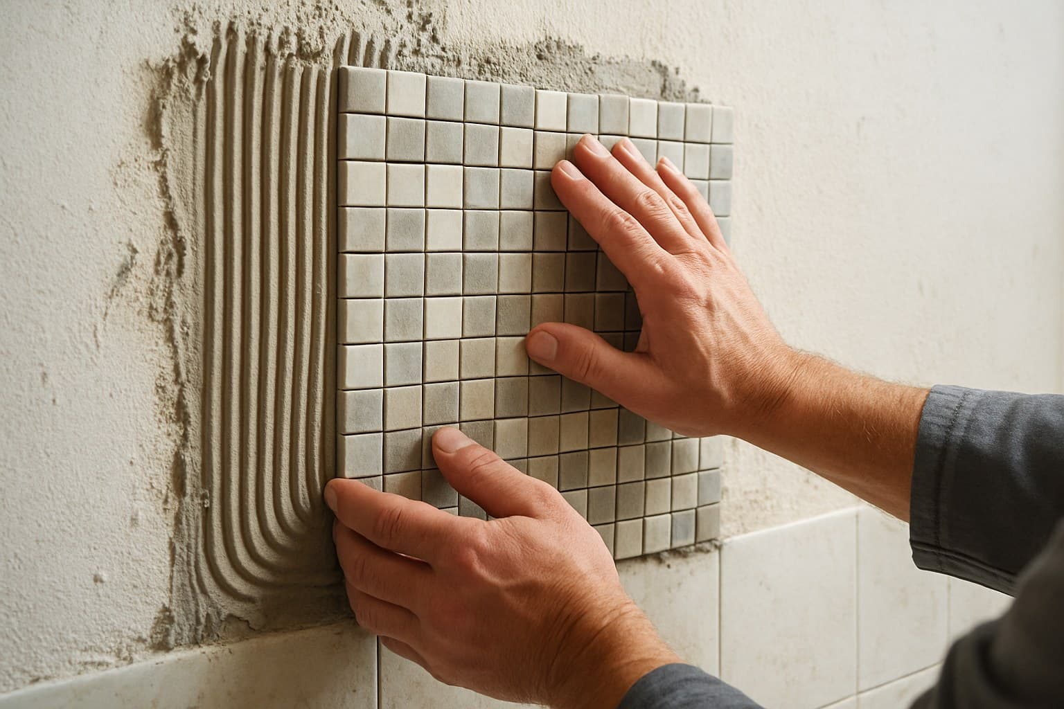 Installer back-buttering and pressing a mosaic tile sheet into mortar