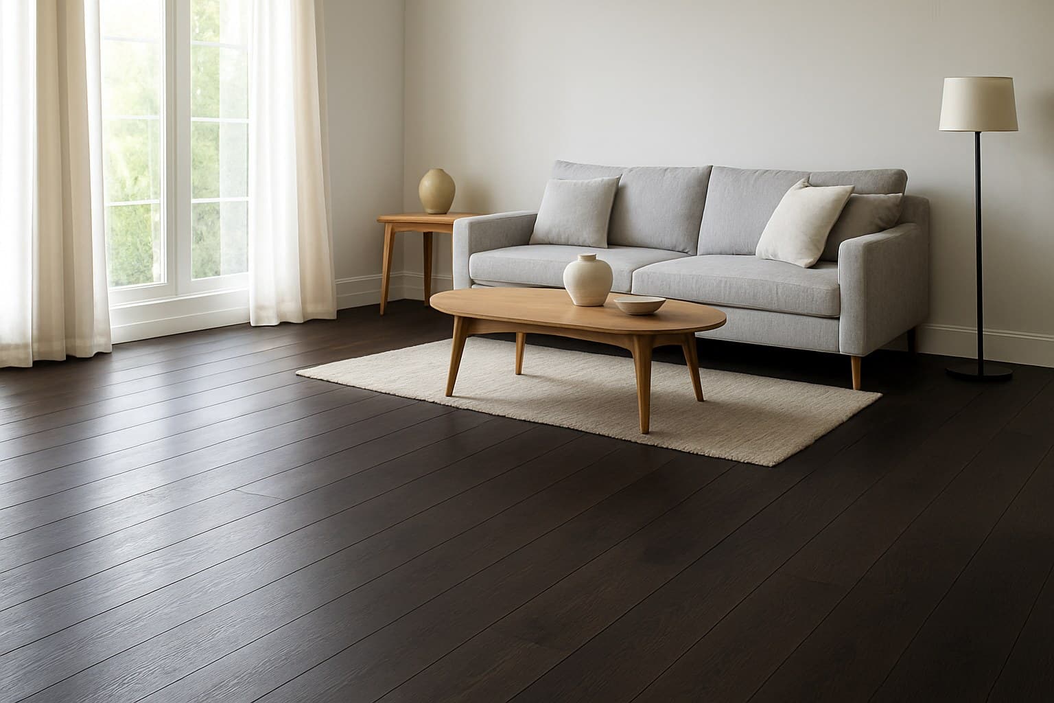 Living room floored entirely in dark engineered hardwood planks.
