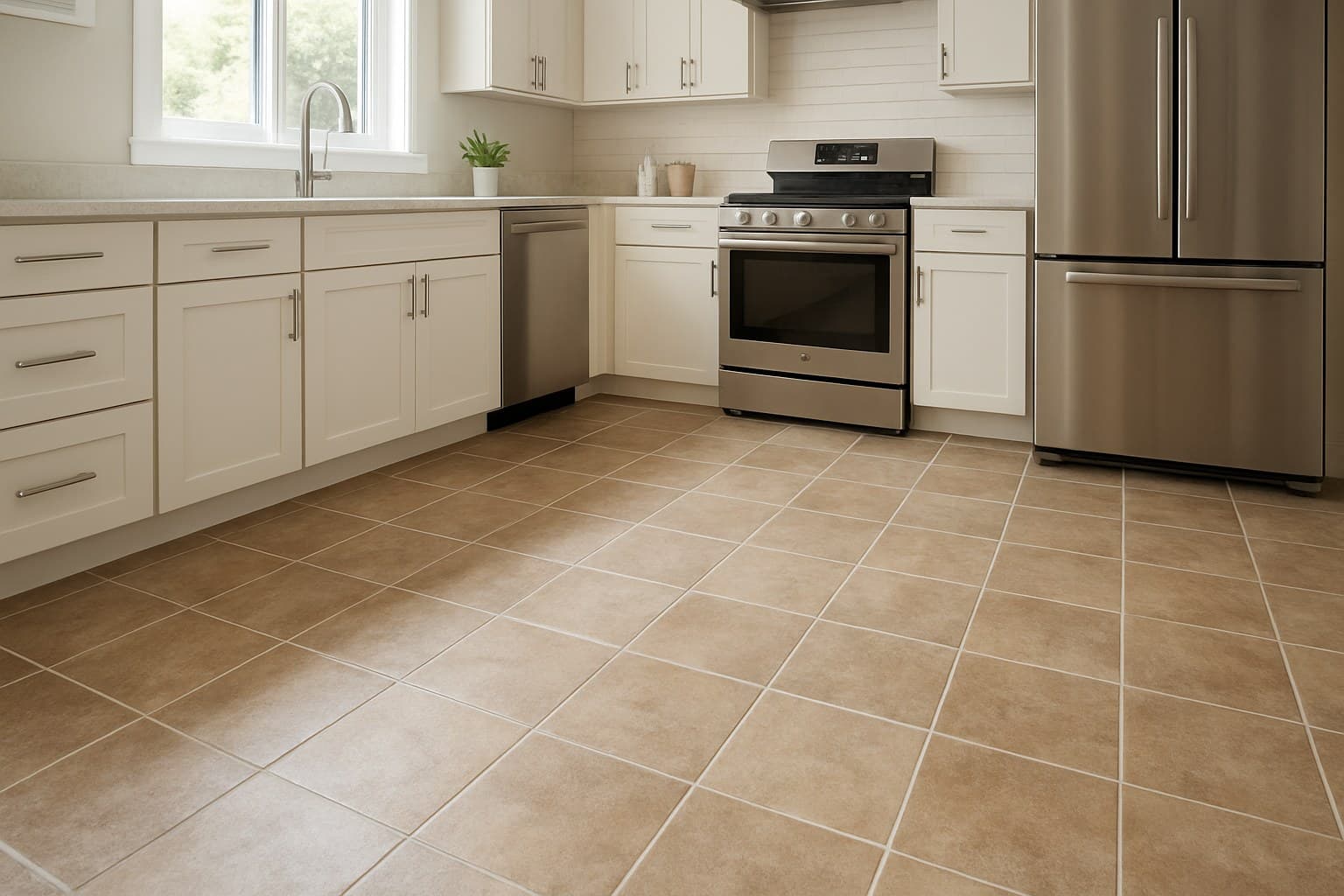 Kitchen with tiled floor illustrating typical kitchen flooring materials