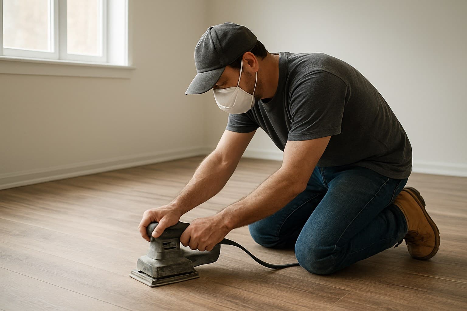 Worker wearing a dust mask while sanding a floor before coating