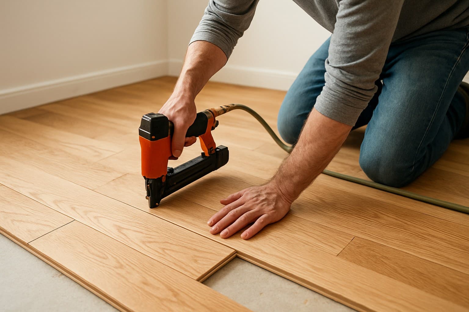 Worker nailing hardwood floor boards during a nail-down installation