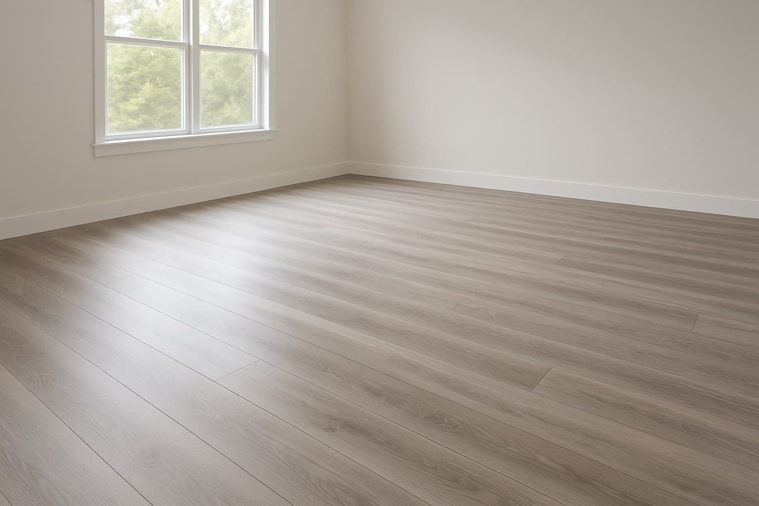 Clean vinyl plank flooring surface in a bright empty room