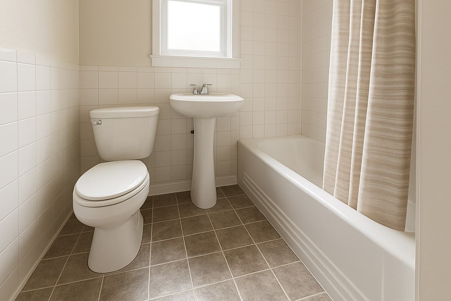Small bathroom with tile flooring suited to a tight renovation budget