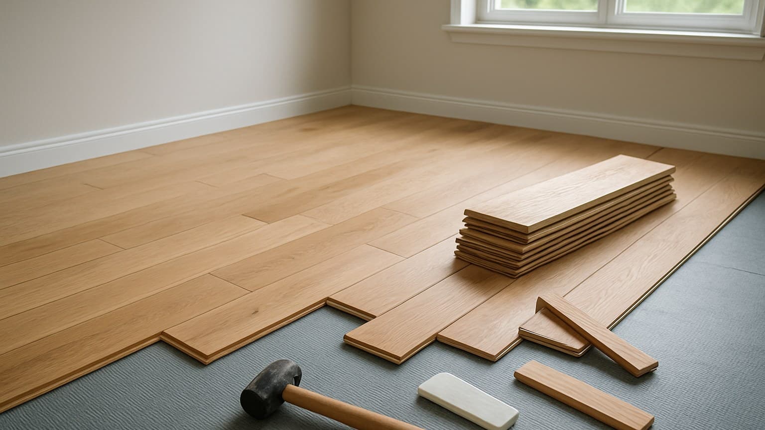 A room with partially installed wood flooring, stacked flooring planks, a hammer, and installation spacers on an unfinished substrate.