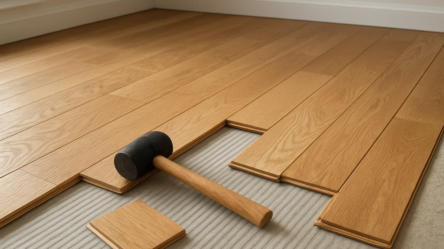 A partially installed hardwood floor with loose boards, installation tools, and exposed underlayment in a room with white trim.