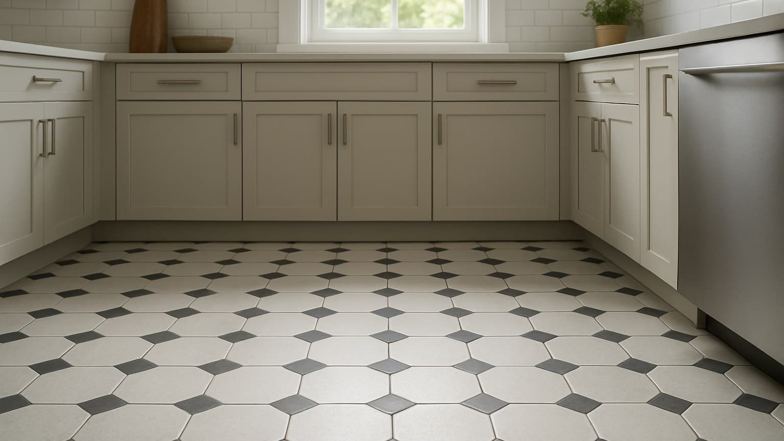 Kitchen interior with white cabinetry and black-and-white patterned ceramic tile flooring