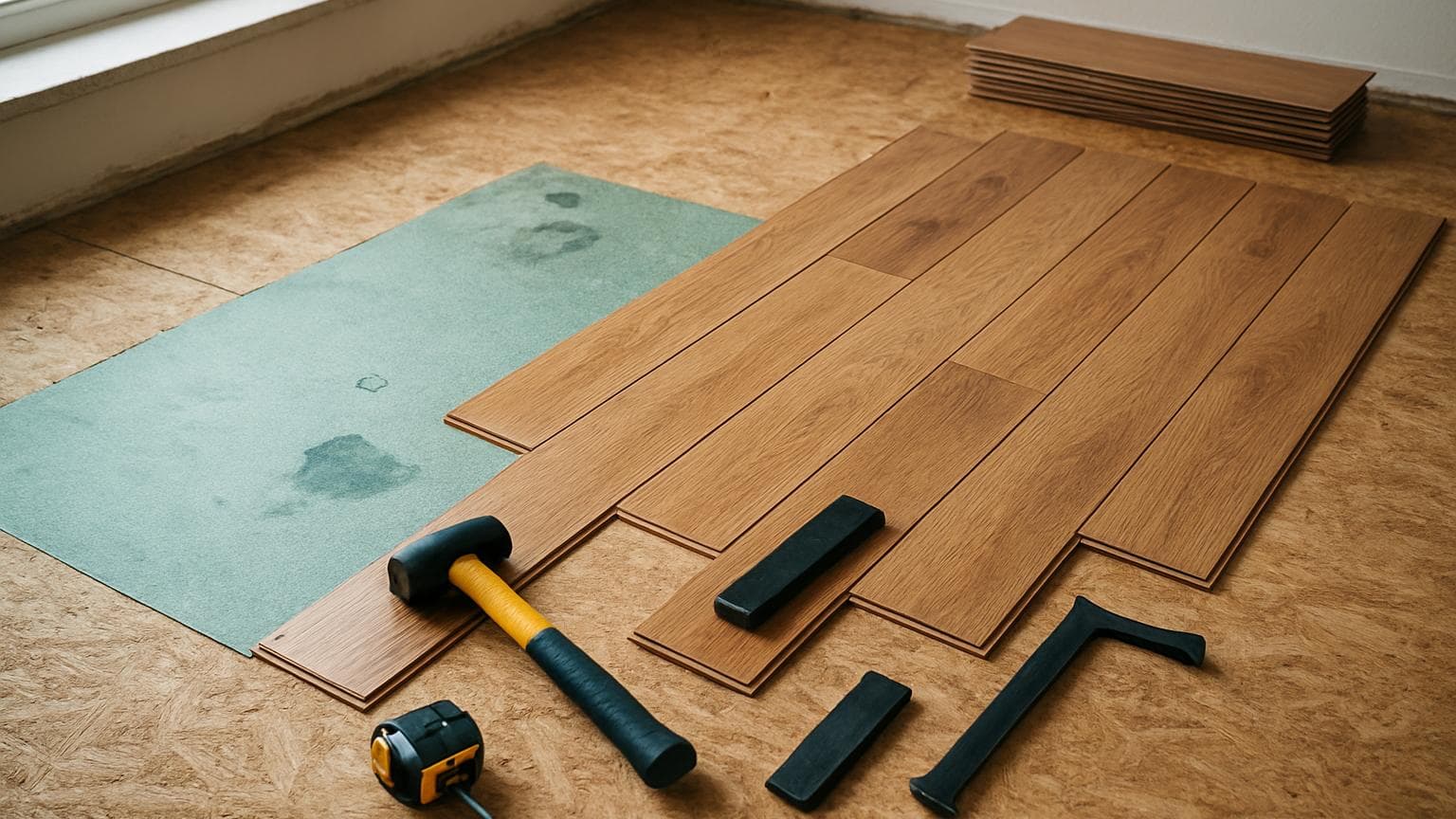 Laminate flooring planks laid during installation over cork underlayment with installation tools nearby.