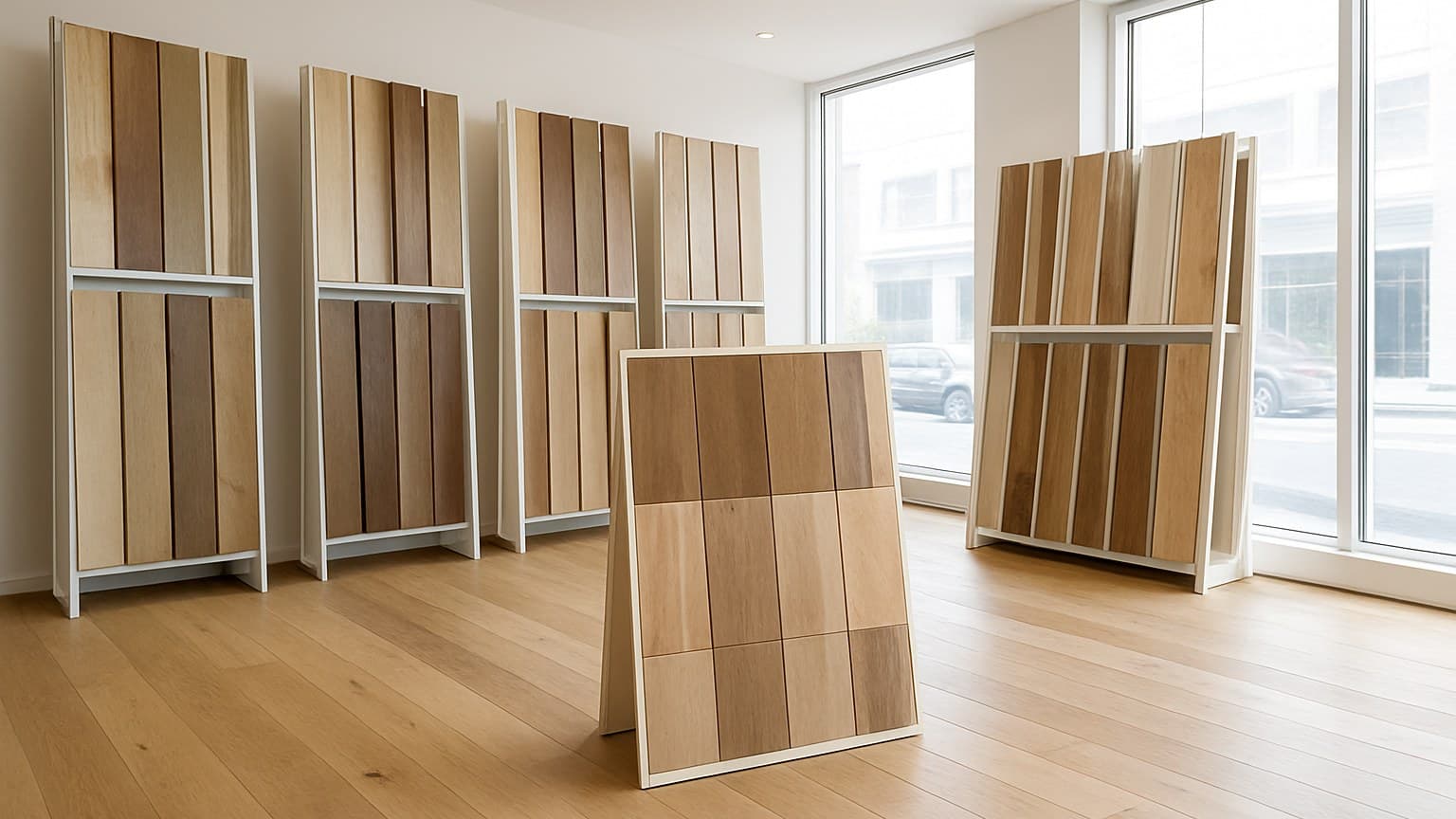A bright interior with multiple wood flooring sample boards on display stands and polished wood flooring on the ground.