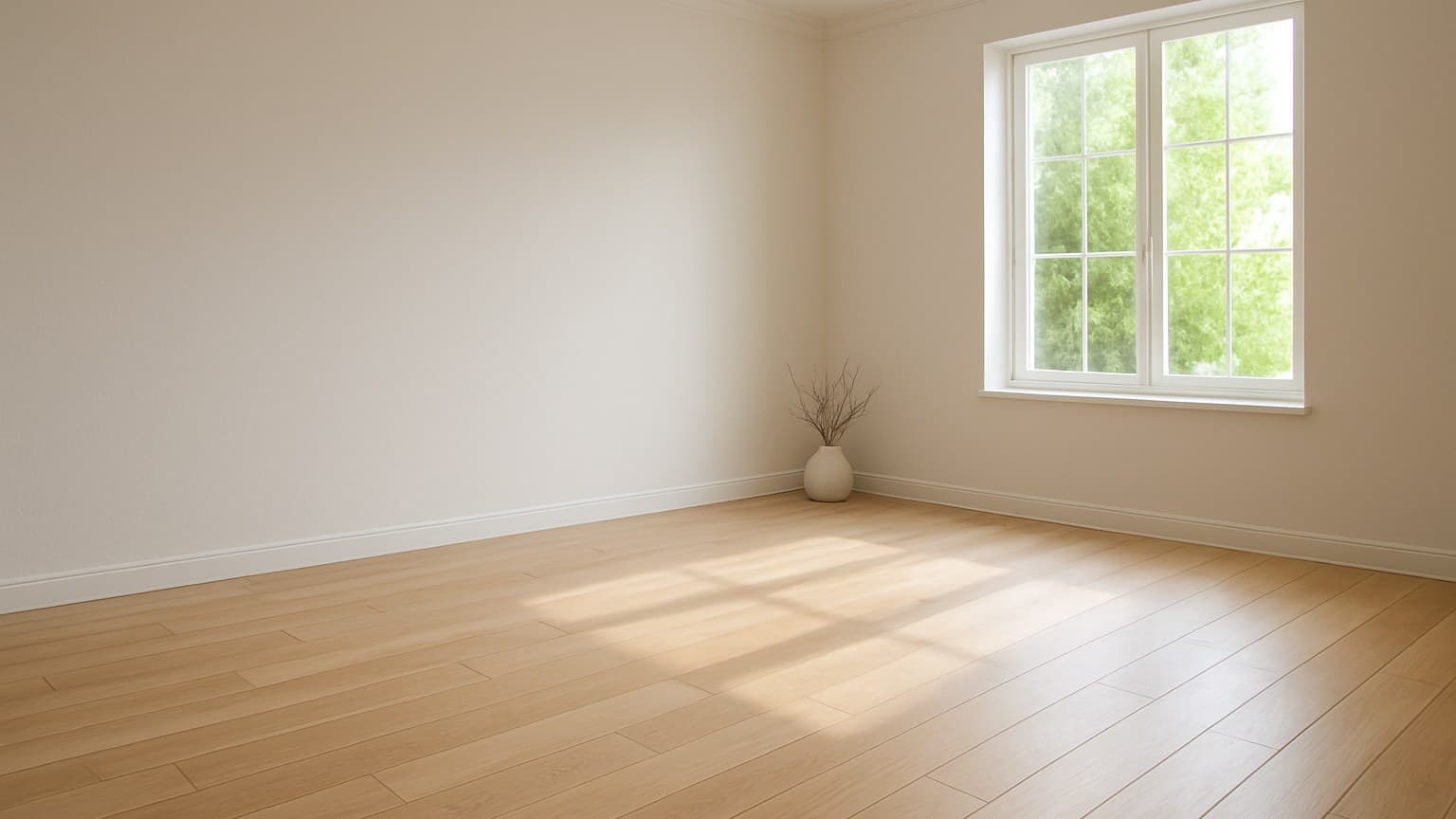 Empty room with light-toned wooden flooring, beige walls, and bright window.