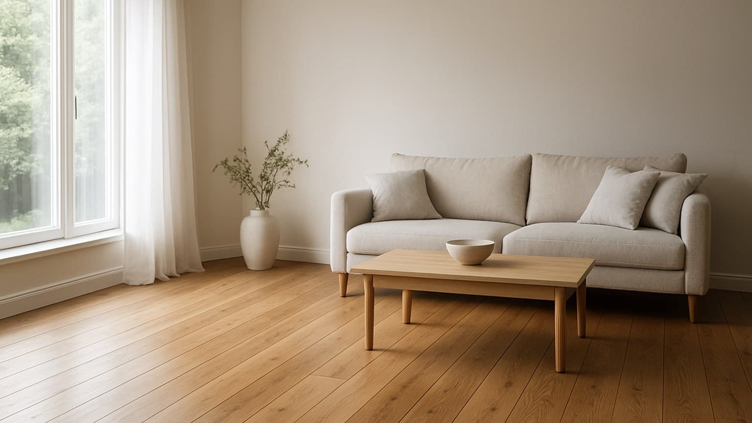 A minimalist living room interior with light wood plank flooring, beige sofa, wooden coffee table, and window with natural lighting.