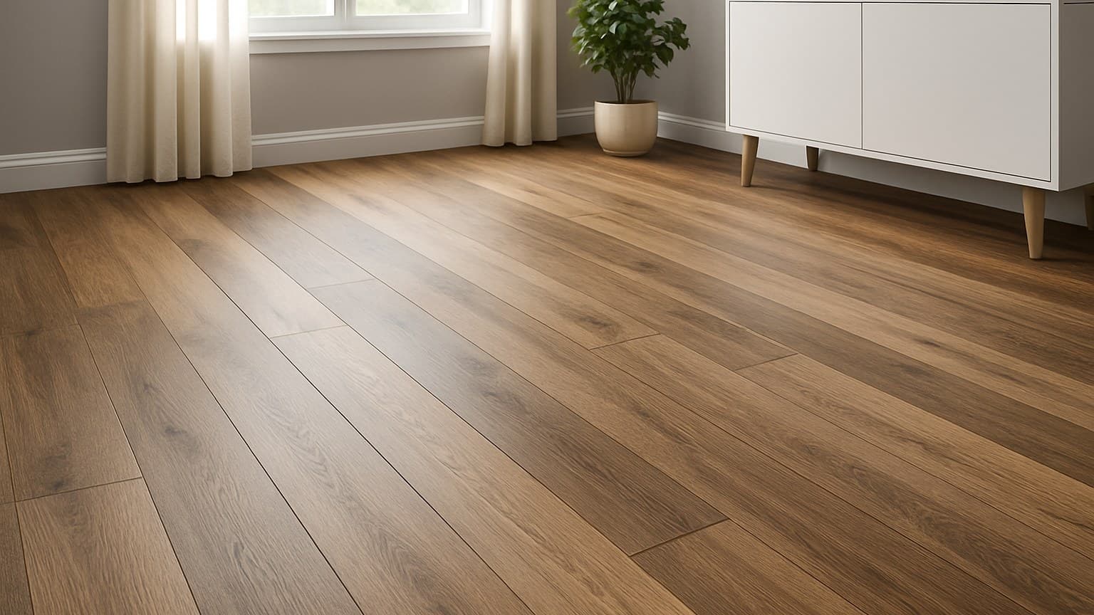 A modern interior with wood-grain plank flooring laid in a room with contemporary furniture and large windows.