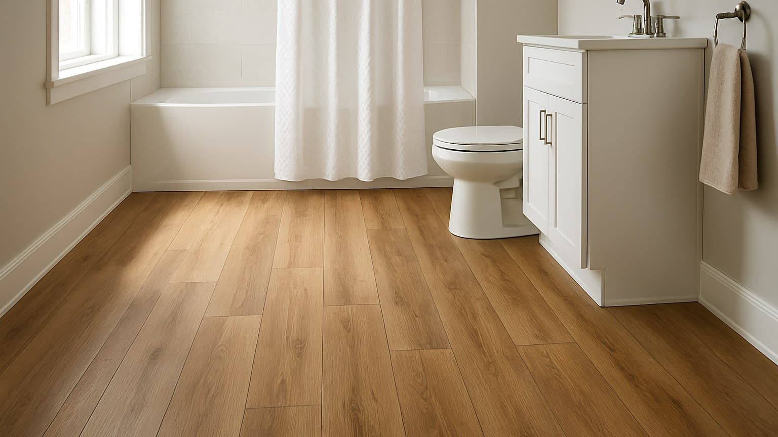 A bathroom interior with plank-style flooring displaying wood grain pattern, white vanity cabinet, toilet, and window with natural light