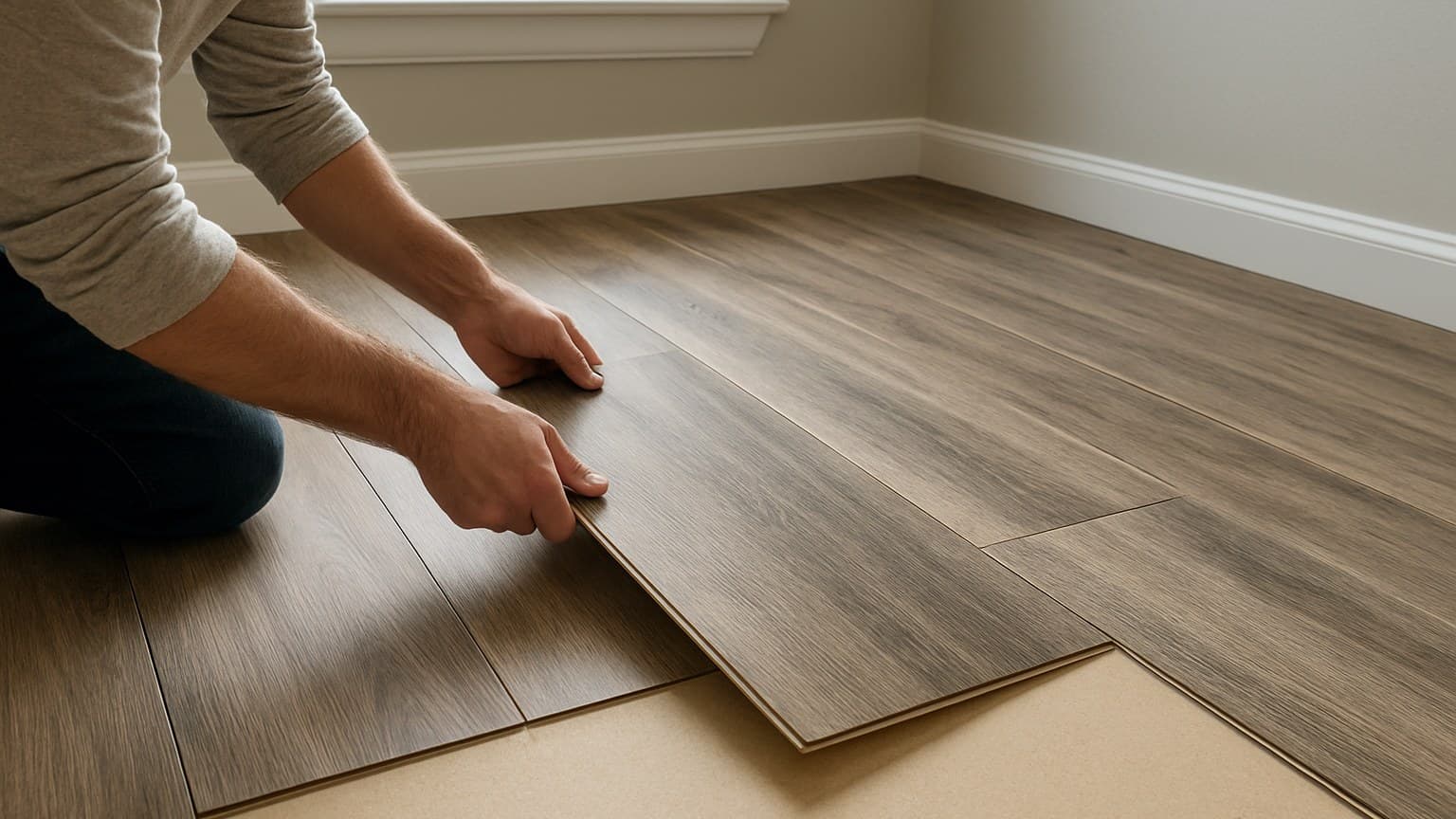 A person kneels while positioning gray wood-grain vinyl plank flooring pieces during installation on a beige subfloor in a room with white baseboard trim.