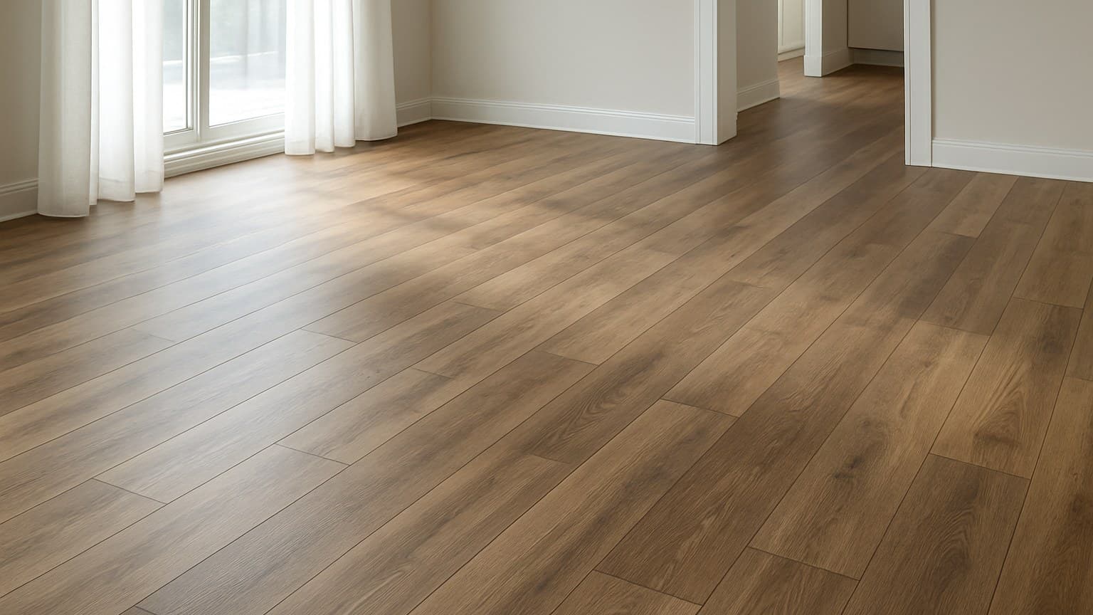 A bright room with plank flooring displaying wood-grain texture in staggered rows
