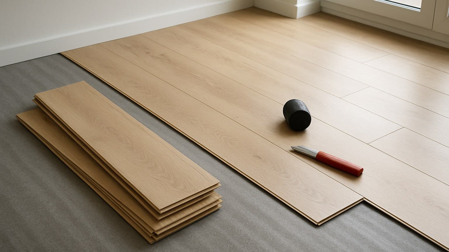 A room with partially installed wood-grain planks on gray underlayment, stacked materials, and installation tools visible.