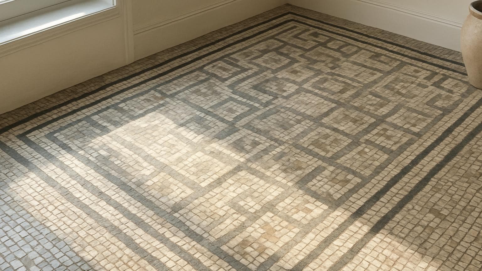 A floor covered in small square tiles in neutral colors arranged in a decorative geometric mosaic pattern with borders and interlocking designs
