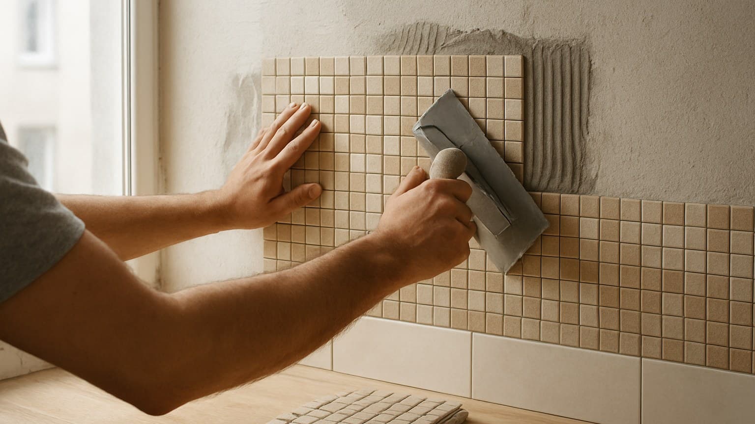 A person uses a trowel to install small square tiles on a wall during active installation work.
