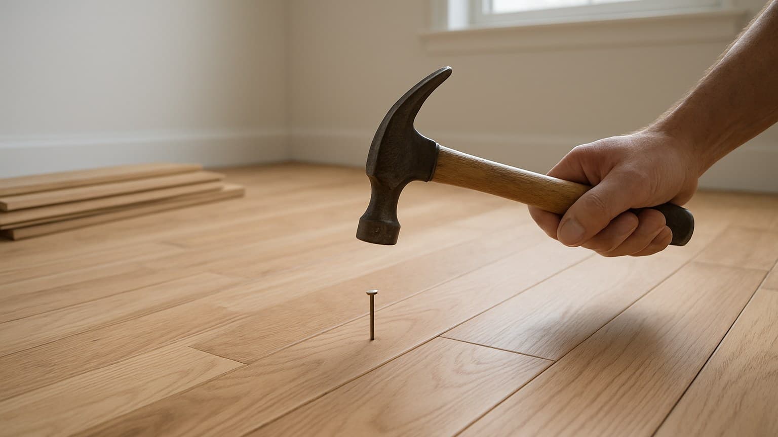 A hammer drives a nail into a light-colored wooden floor in an indoor room setting.