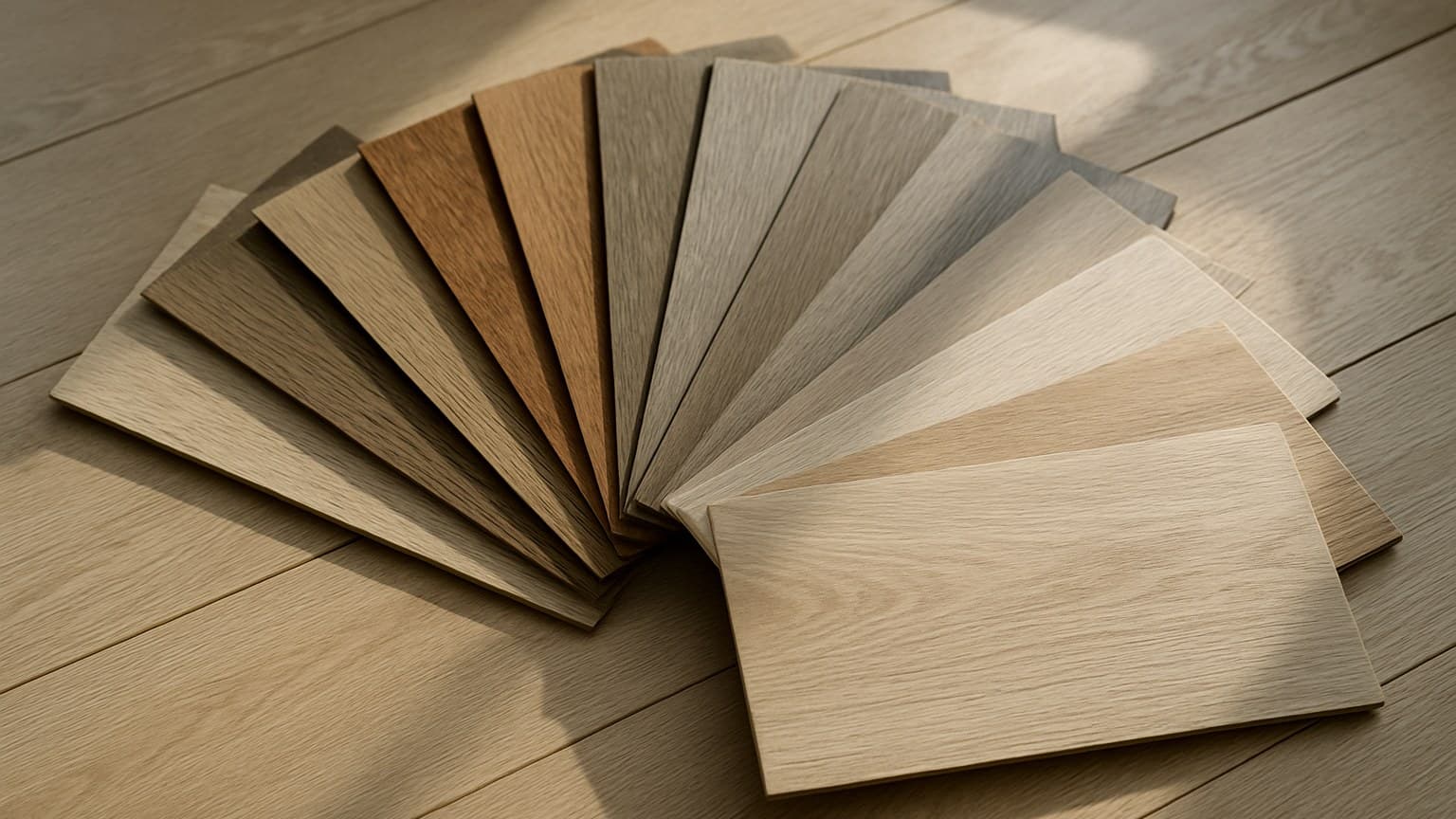 Rectangular flooring samples arranged in a fan pattern showing various wood tones from dark brown to light cream, displayed on a wooden floor.