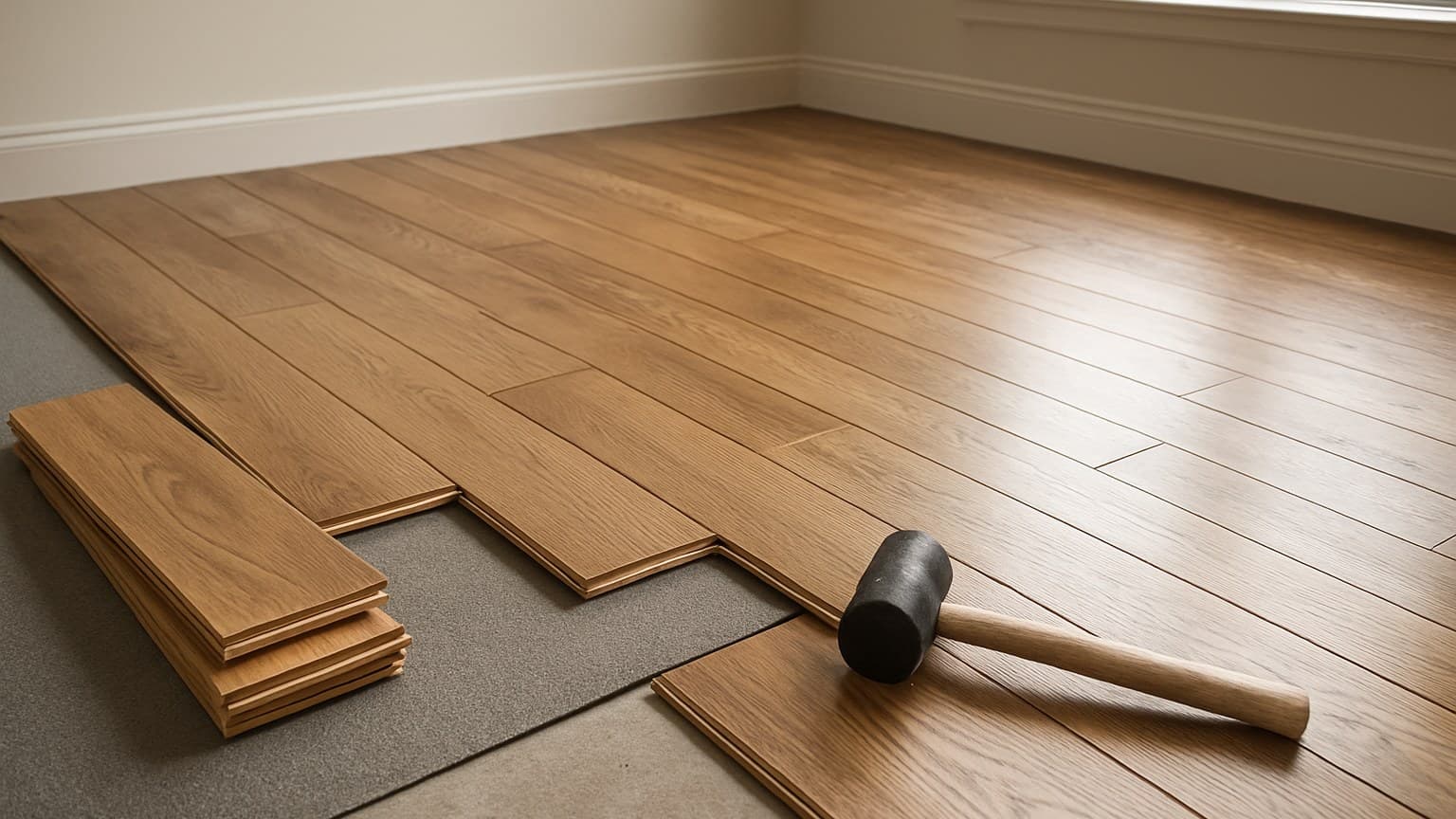 A room with partially installed hardwood flooring, stacked planks, and an installation hammer on the subfloor.