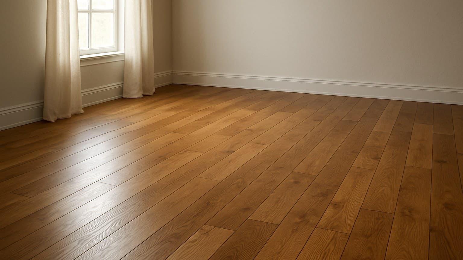 An empty room with wood plank flooring in light, photographed from above near a windowed wall.