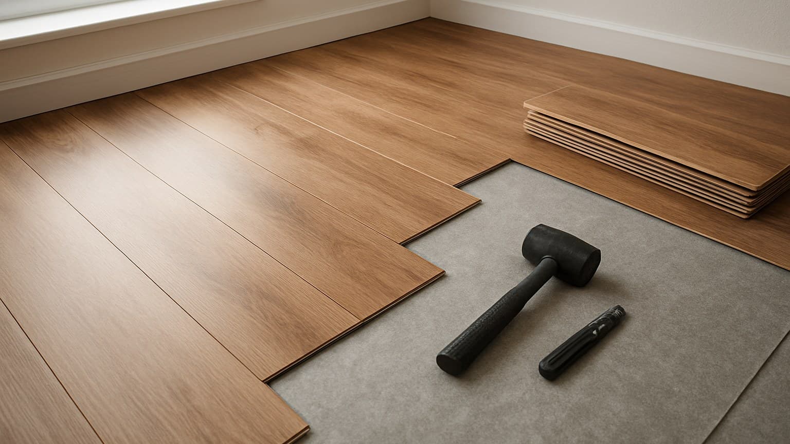 A room with plank-style flooring partially installed over gray underlayment, with installation tools and stacked planks visible.