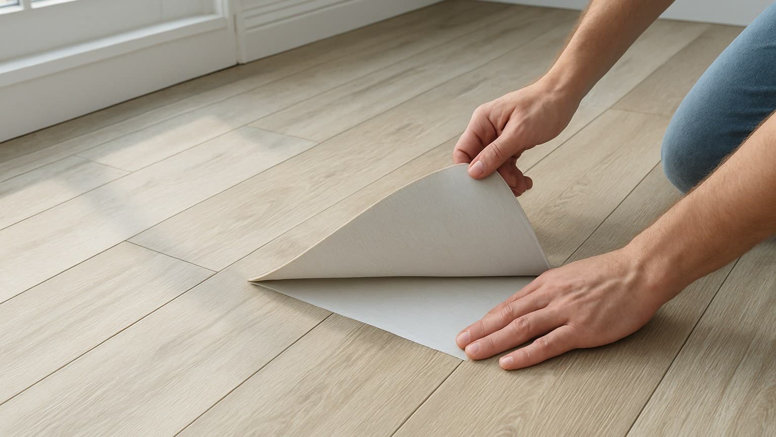 Person's hands peeling backing and applying wood-grain vinyl floor tiles to an existing floor.