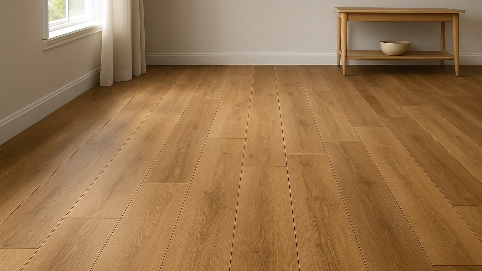 A room with warm-brown-toned plank flooring laid in a staggered pattern beneath natural light from a window.